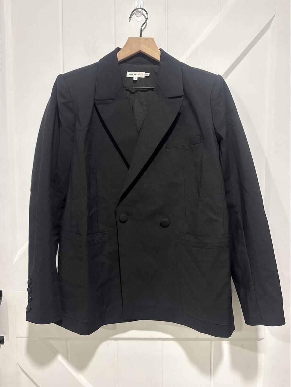 Good American Black Shiny Scuba Oversized Double-Breasted Blazer, Size 1